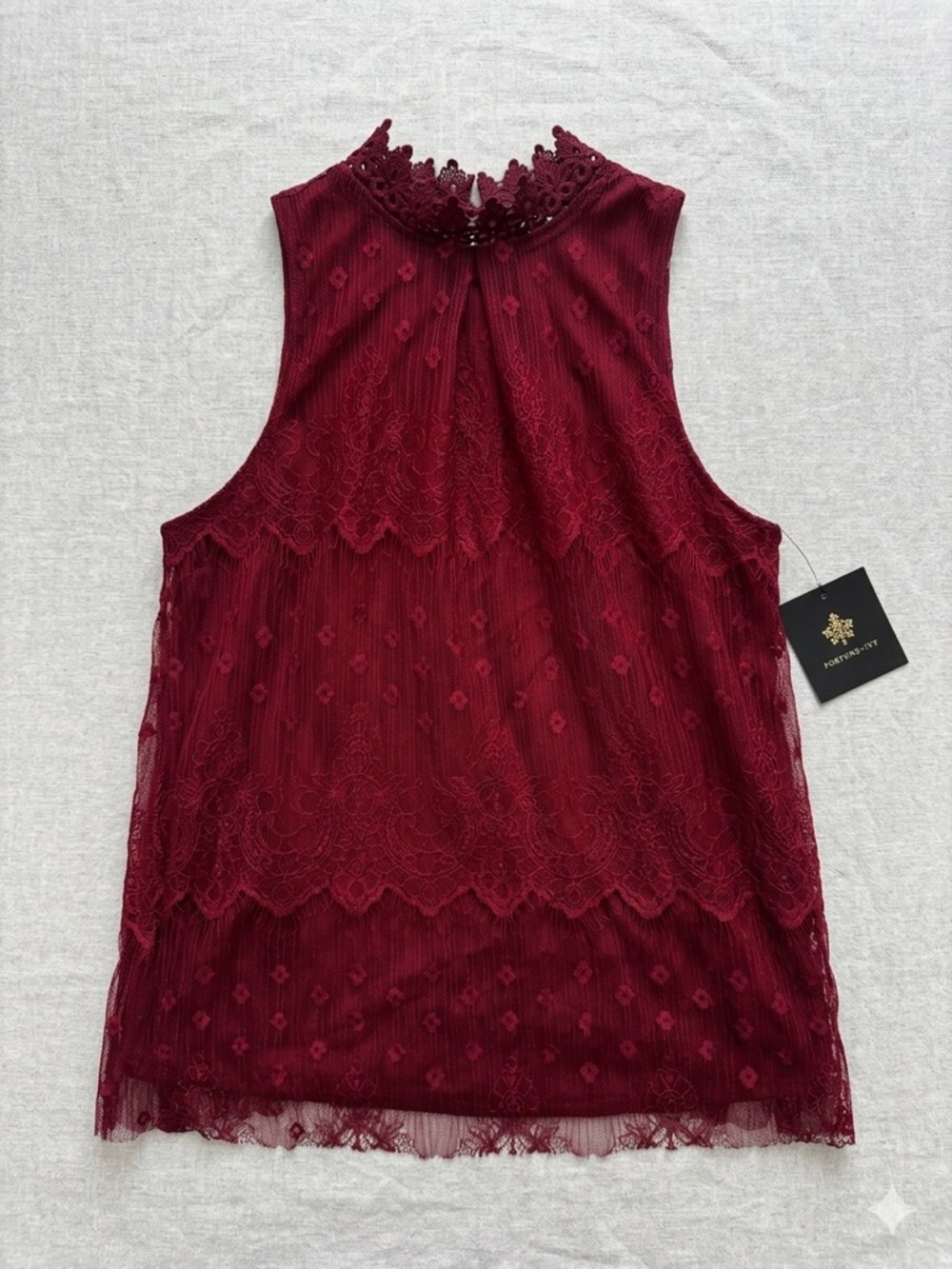 Fortune + Ivy Burgundy Lace Mock Neck Top